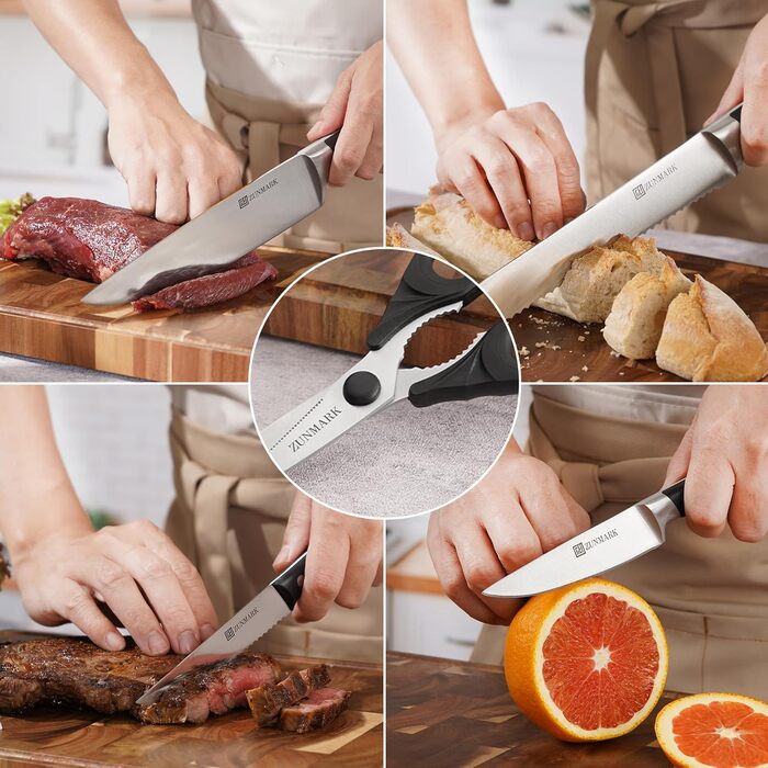 Набір ножів у блоці 13 предметів з нержавіючої сталі з ергономічними ручками, кухонний набір ножів, дерев'яний блок з шкіряним ремінцем