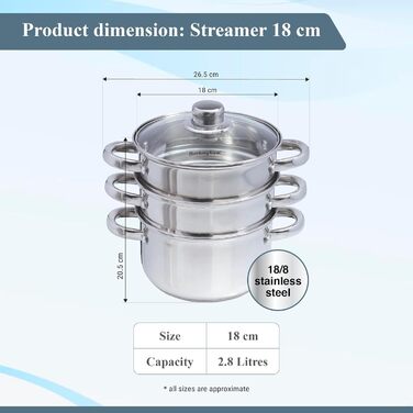 Buckingham 3-Tier Steamer with Glass Lid, 18 cm