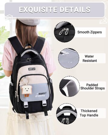 Шкільний рюкзак для дівчаток 2-10 класів, 32L, легкий дитячий рюкзак | Дихаюча спинка | М'які лямки | Брест-стріжка, ранці для школи, рюкзак для підлітків 8+ років (Чорний)