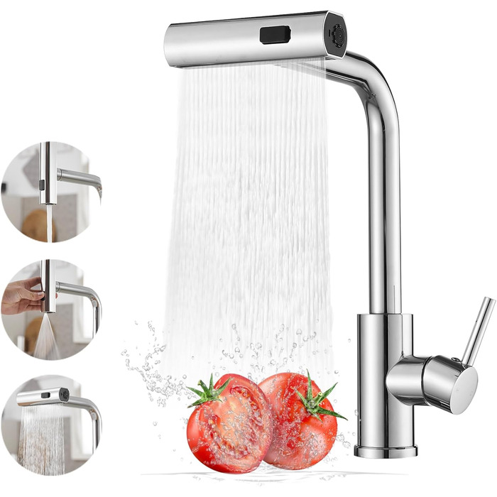 Кухонний змішувач Schwarz Waterfall з висувною лійкою та 3 режимами струменя, поворотний на 360°, з гальванічним покриттям сріблястого кольору