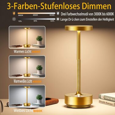 Настільна лампа бездротова LED Golden IP54 для вулиці та дому, акумуляторна 5000mAh, диммується, сенсорна, 3 кольори світла