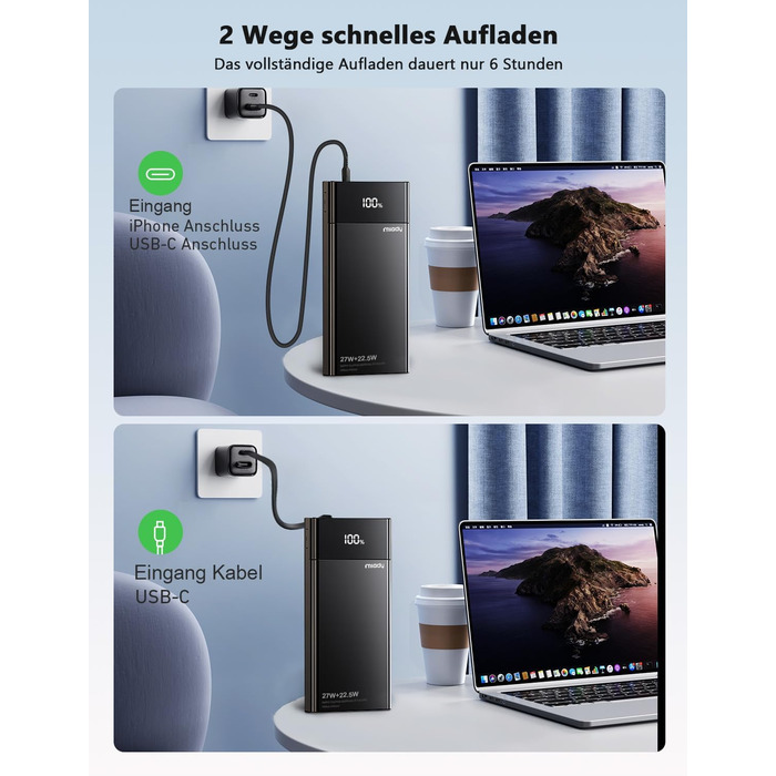 Power Bank Maidy 20000mAh з USB-C кабелем, 27W швидка зарядка, сумісний з iPhone, Galaxy, Xiaomi, iPad, Switch