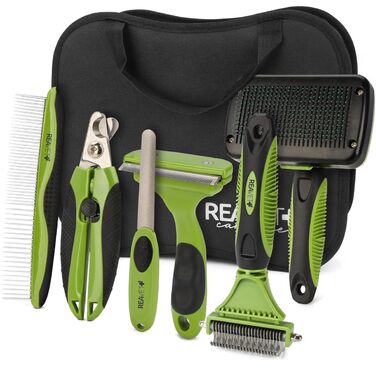 Набір для догляду за шерстю ReaVET для собак та котів (6 предметів) | Щітка для шерсті, знімач ковтунів, щітка для підшерстка, гребінець від бліх, ножиці для стрижки нігтів, сумка для аксесуарів