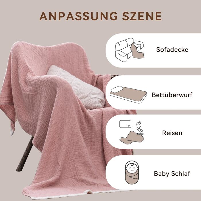 М'яка ковдра Softexly з бавовни 100%, 4-шарова муслінова ковдра, плед для ліжка, дивана, інтер'єру. Плед Softexly 130x150 см (білий, оранжевий, 150x200 см)