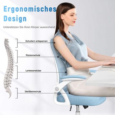 Офісний стілець Naspiro, ергономічний, з сітчастою спинкою, відкидними підлокітниками, регульованою висотою, з м'яким сидінням, для офісу та дому, блакитний, без підголівника