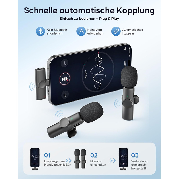 Беспроводной петличный микрофон 2 шт. для iPhone, iPad, Android, YouTube, TikTok, с шумоподавлением, Plug & Play, для видео, подкастов, черный