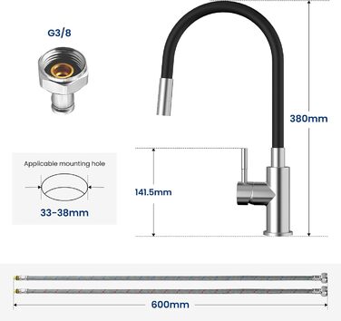 Кран кухонний CECIPA SOFETIY SERIE, чорний матовий, 2 режими струменя, нержавіюча сталь, поворотний 360°