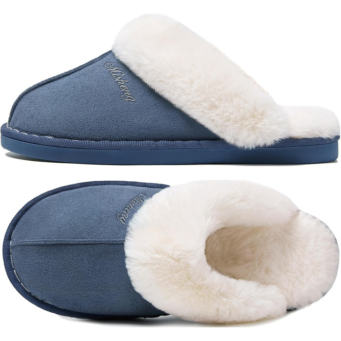 Тапочки домашні Donpapa для жінок та чоловіків, зимові, теплі, з м'якої плюшевої тканини та піною з пам'яттю, імітація овечої шкури, антиковзаючі, для дому та вулиці (38.5/40 EU, Concord Blau)
