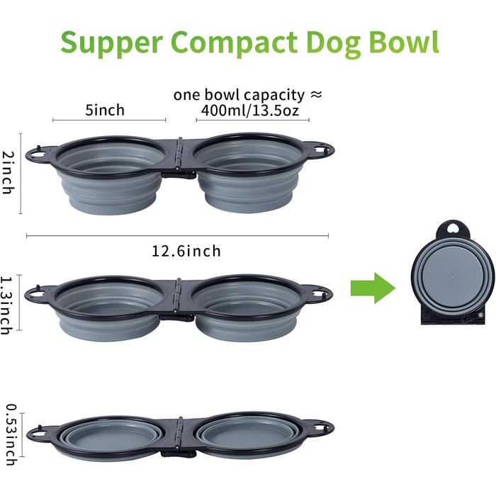 Складаний миска для собак SLSON, подвійний, для подорожей, прогулянок, намету, сірий
