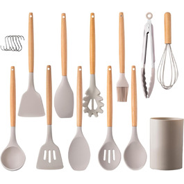 Набір кухонних аксесуарів 12 шт. з силікону з дерев'яними ручками, термостійкий антипригарний набір посуду: щипці, лопатки, ложки. Бежевий колір
