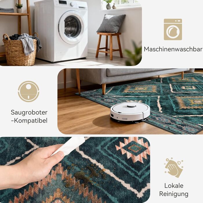 Килимок-довгий (60x300 см) для прихожого, кухні, вітальні та офісу. Нековзкий, з коротким ворсом, миючий, складаний, у стилі бохо, чорно-білий, petrolgrün