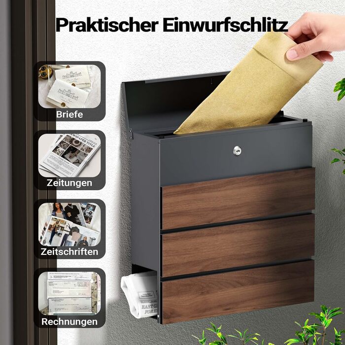Поштова скринька настінна V63 Anthrazit з дерев'яним декором, сталь, з замком та м'якою кришкою, 410x130x370 мм
