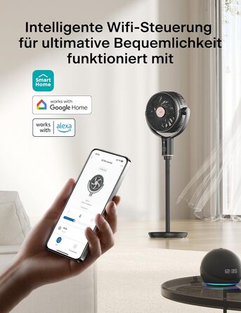 PELONIS Smart вентилятор підлоговий з осциляцією, DC мотор, 9 швидкостей, 26dB, регульована висота 36-110см, 9H