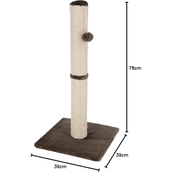 Дряпальня для котів Kerbl Opal Maxi, кігтеточка, сіра, з натурального сизалю, 38x38x78 см, для котів середніх розмірів, з мотузкою з сизалю, для догляду за кігтями, з плюшевою іграшкою