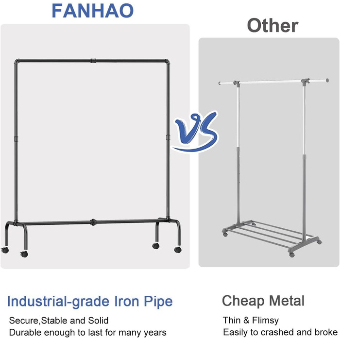FANHAO Clothing Rack with Wheels, Industrial Heavy-Duty Pipe Clothing Rack, Rollable Garment Rack for Hanging Clothes, 250 lb (113 kg) Weight Capacity, 2 Brakes, Matte Black