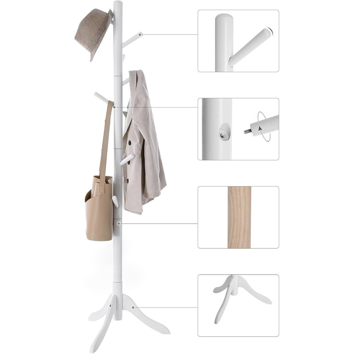 VASAGLE Coat Rack, Solid Wood Clothes Rack, Coat Stand with 8 Hooks, Tree Shape, 3 Adjustable Heights, for Coats, Jackets, Bags, for Entryway, Bedroom, RCR01GY (White)