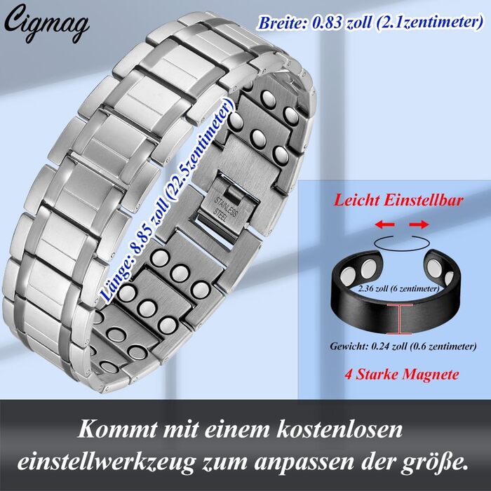 Браслет для лімфодренажу з магнітами для чоловіків, титан, регульований, з інструментом для зняття та подарунковою коробкою (Чорний) (3 ряди срібла)