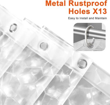 Шторка для душу AiQInu 180x200 см, 3D Eva, прозора, антигрибкова, водовідштовхувальна, для ванної кімнати, з 12 гачками