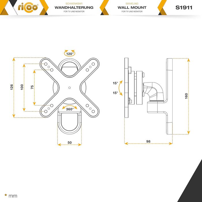 Кріплення для монітора RICOO S1711 - настінна підставка для монітора 13-34 дюймів, поворотна, нахилена, VESA 75/100 мм, до 15 кг, срібна