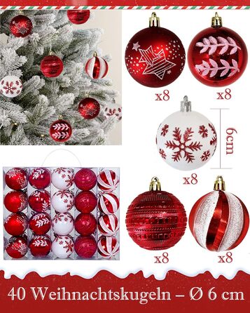 Набір прикрас на ялинку 40 шт. червоно-білі, 6 см, пластикові, з підвісками, небрудні, різноманітні поверхні та візерунки, для внутрішнього та зовнішнього використання