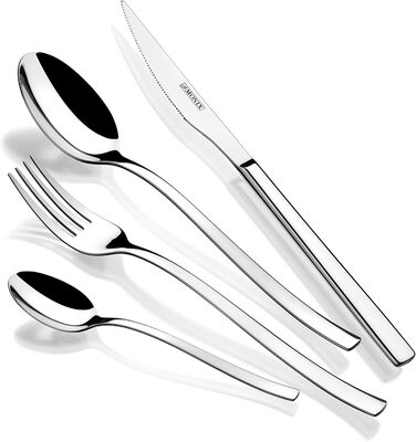 Monix Genova Cutlery Set, 24-piece, with steak knives, 18/10 stainless steel, modern design, polished, 2.5 mm thick, for 6 people, silver