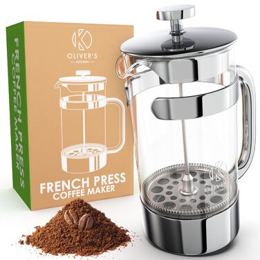 Френч-прес Oliver's Kitchen® 1 літр - скляний заварник для кави, срібний | Елегантний дизайн, для автентичного смаку