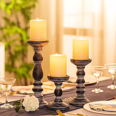 Rustic Wooden Candle Holder Pillar - 3 Piece Wooden Candle Holder Set Pillar Candle Holder Set Distressed White Tealight Holder for Wedding Centerpieces Farmhouse Home Room Decoration (Distressed Black)
