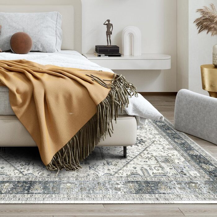 OMERAI Rug Living Room - Large Rug 200X290CM Rug Cyan Oriental Style, Short Pile Carpet - Washable in Washing Machine Boho Vintage Rug Cyan 200 x 290 cm