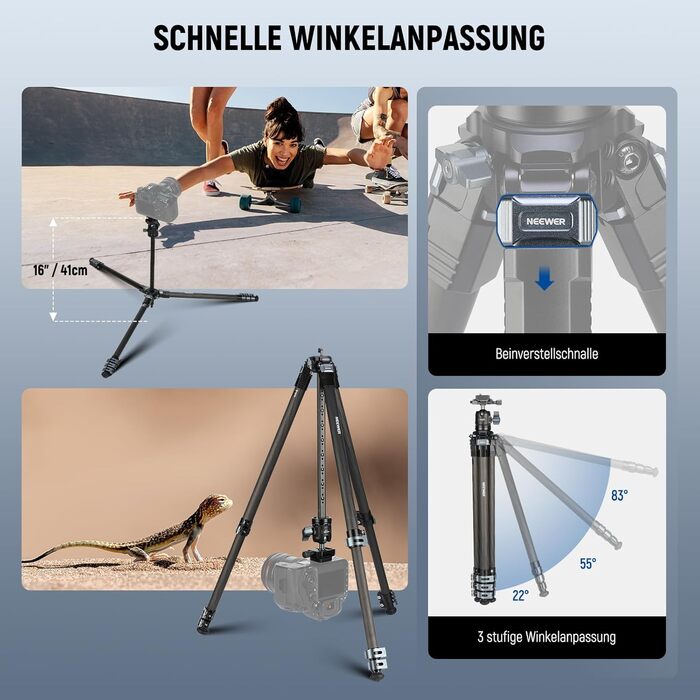 Карбоновий штатив Neewer LT36 (184 см) з кулястою головкою 360°, легкий трипід для відеокамер та фотоапаратів, Arca-Swiss QR-платформа, сумісність з Peak Design Capture V3