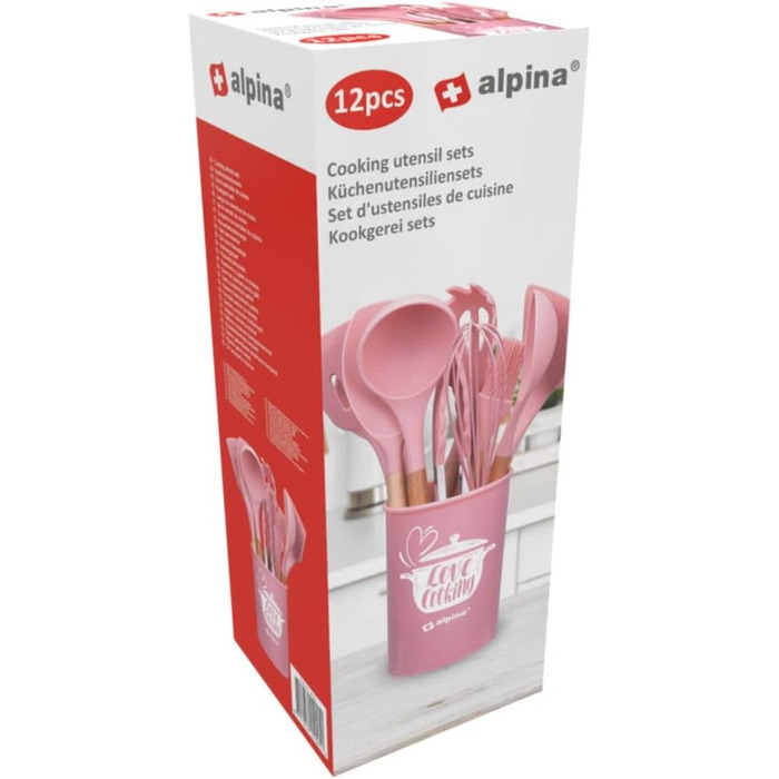 Набір кухонних аксесуарів Alpina 7 предметів з поворотним підставкою - кухонні інструменти, силікон, рожевий