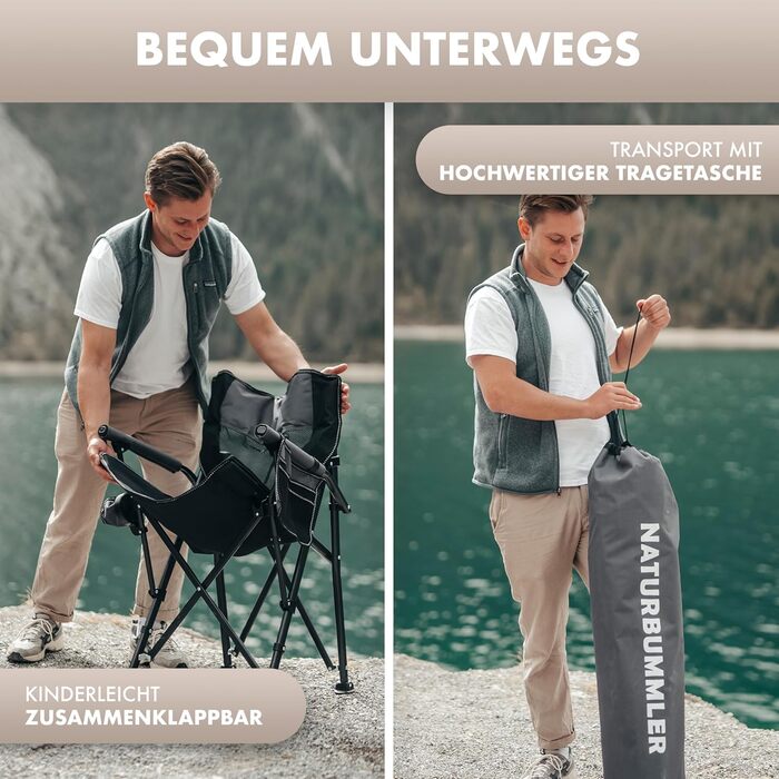 Складний туристичний стілець NATURBUMMLER® Cloud Sit+ сірого кольору – 150 кг, дихаюча сітка, висока спинка, для кемпінгу, риболовлі, саду та відпочинку на природі