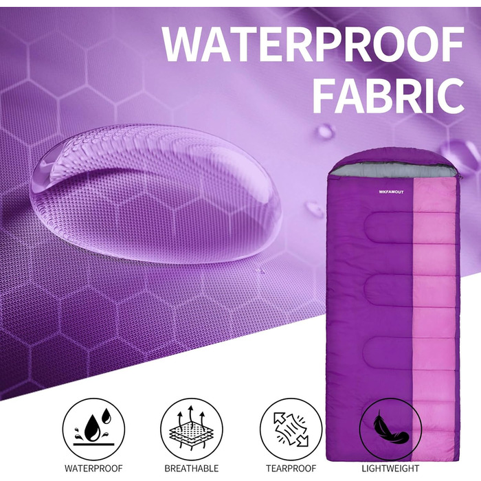 Спальний мішок Outdoor для дорослих, зимовий, машинного прання, водонепроникний, 3-4 сезони, з компресійним мішком, для кемпінгу, піших прогулянок, подорожей, 0℃-Комфорт, ліловий, 220x85CM