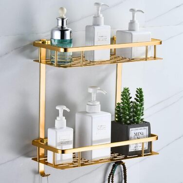 No-Drill Shower Shelf, Square Shower Rack Bathroom Shelf for Shampoo and Shower Gel Holder Bathroom Wall Shelf Organizer With 2 Hooks (2 Tier, Champagne Gold)