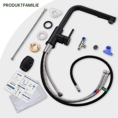 Змішувач кухонний DAYONE з висувною лійкою, нержавіюча сталь, 3 режими, поворотний на 360°, для кухонної мийки (15 см), матовий чорний