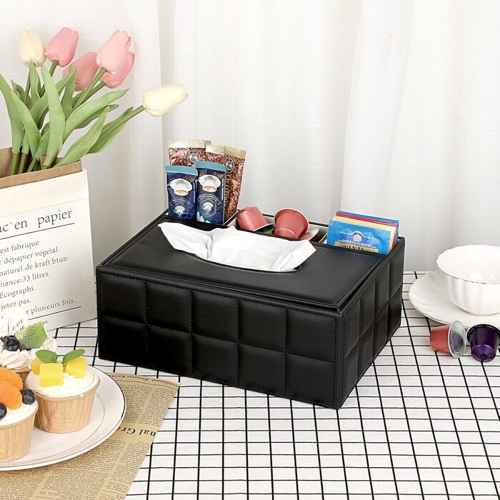 Скріпка для серветок з PU-шкіри, прямокутна, органайзер для столу з 3 відділеннями, для пультів дистанційного керування (чорний)