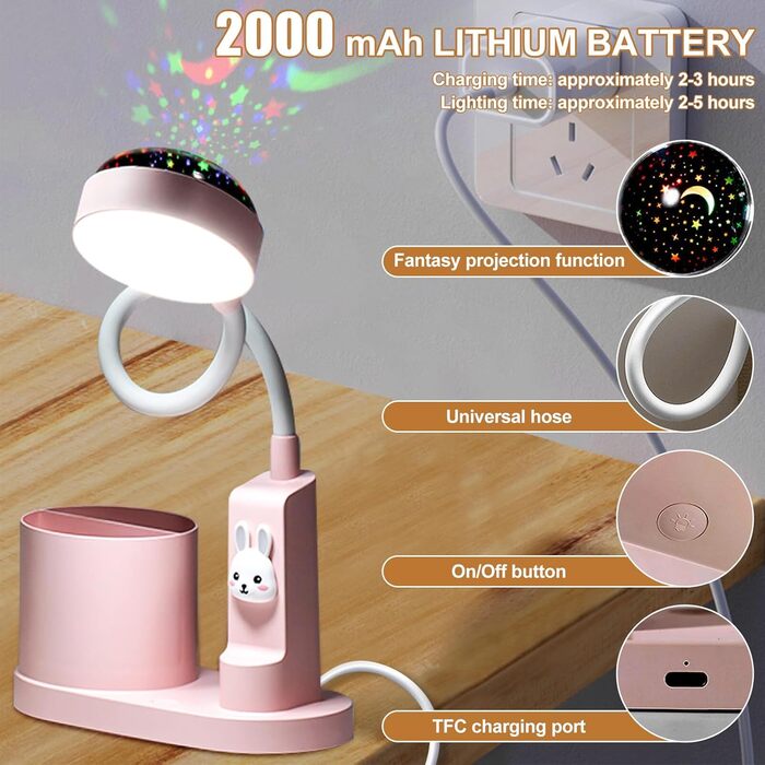 Дитяча LED лампа на стіл Kinder з тримачем для олівців, регульована, з проекцією зірок, 360° повертання, для дитячої кімнати (рожева)