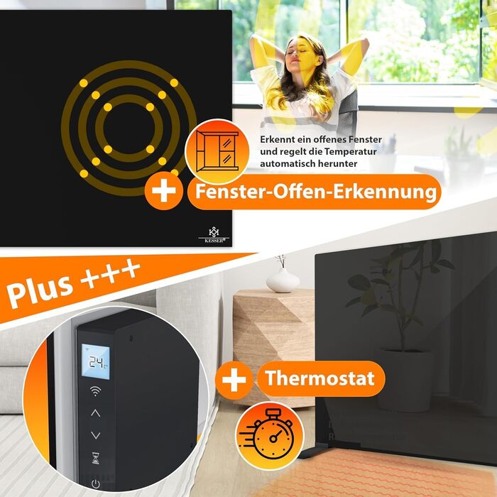 Інфрачервовий обігрівач KESSER 600W з функцією 2в1: підлоговий та настінний. Енергозберігаючий склокерамічний обігрівач з термостатом, пультом дистанційного керування та керуванням через додаток. Чорний колір.