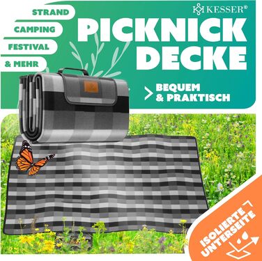 KESSER® Picnic Blanket Camping Blanket XXL 200 x 200 cm - Warm-insulated with waterproof underside, carrying handle. Foldable beach blanket, picnic blankets for 4-6 people. Washable picnic blanket.
