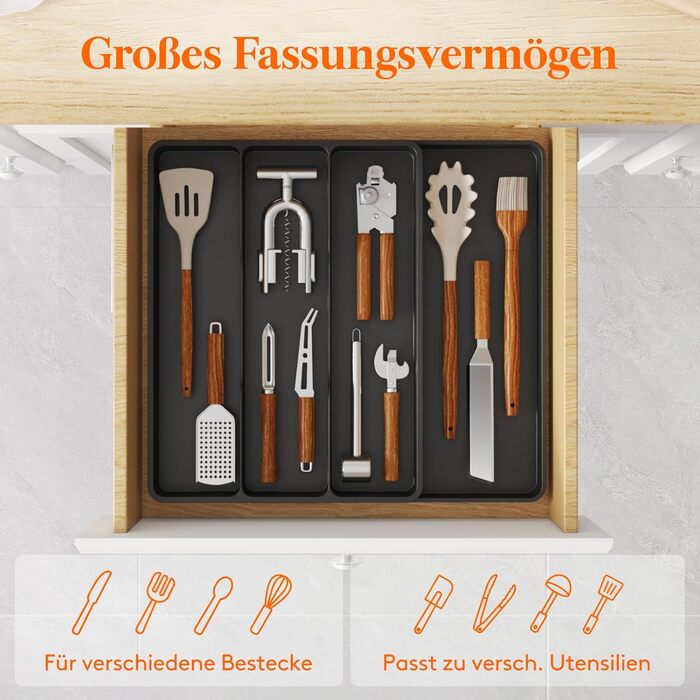 Органайзер для столових приборів Lifewit в шухляду, розширюваний 43.9 см, чорний, 30-44x40x4.6 см