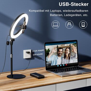 Кільцеве світло 10.5” з штативом, LED, 3 кольори + 10 рівнів яскравості для селфі, відеоконференцій, YouTube, TikTok, макіяжу, ноутбука, чорний