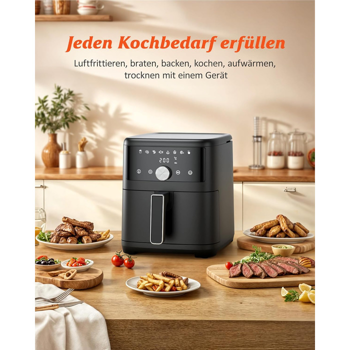 Фритюрниця повітряна Innsky 6L, 8-в-1, 1500W з LED-touchscreen, чорна. Енергозберігаюча, для 3-5 осіб, 50dB, миється в посудомийній машині