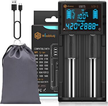 Зарядний пристрій LCD для акумуляторів AA, AAA, 18650, 26650, 21700, RCR123A, NI-MH/NI-Cd, 3.7V/1.2V, 2A, з дисплеєм