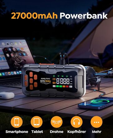 Пауербанк для авто 27000mAh 7000A з компресором 160PSI, пусковий пристрій для бенз./диз. (до 12.0L), ліхтарик, молоток-розбивач скла, набір інструментів