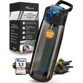 BERGKVIST® Outdoor Water Filter Bottle OBSIDIAN (650ml) with Compass - Filter Water Bottle for Clean Drinking Water - Water Purification for Camping, Prepper & Survival Gear (Black)