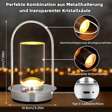Світлодіодна настільна лампа з димером, акумуляторна, бездротова, сенсорна, 3 режими світла, кришталева, портативна, USB-C зарядка (Срібло)