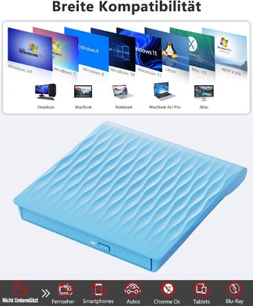 Зовнішній DVD CD привід DANGZW USB 3.0 Type-C, портативний DVD-брунер та плеєр для ноутбука та ПК (Windows, MacOS, Linux), синій