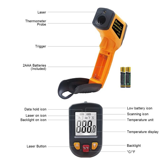 Інфрачервоний термометр KETOTEK Laser Digital IR Pyrometer KT600Y -50°C до 400 °C. Безконтактний вимірювач температури для кухні, барбекю, холодильника, промисловості та продуктів харчування