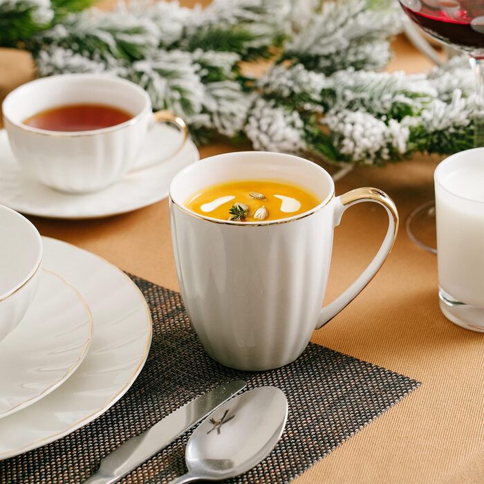 BTaT - White Coffee Cups, Set of 6, 340 ml, White Porcelain with Gold Rim, Coffee Cup Set, Hot Chocolate, Ceramic Mug, Large Cups for Coffee, Hot Cocoa Cups, Coffee Cup Set amic