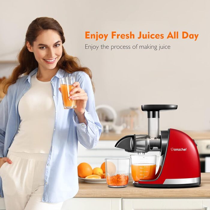 AMZCHEF Juicer for Vegetables and Fruits - Slow Juicer with Reverse-Chewing Function - Gentle Crushing without Filtering - Electric Juicer with Brush and 2 Cups - Rojo