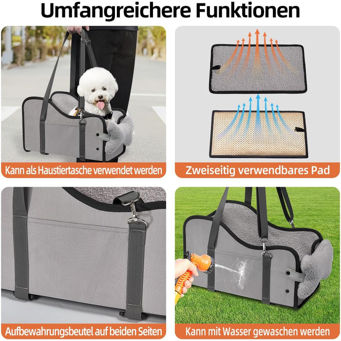 Автокрісло для собак та котів GGW | Безпечне автокрісло з подвійним кріпленням, водовідштовхувальне, з кишенями, швидка установка (сумісне з 99% підлокітників) (Сірий, стандартний стиль)